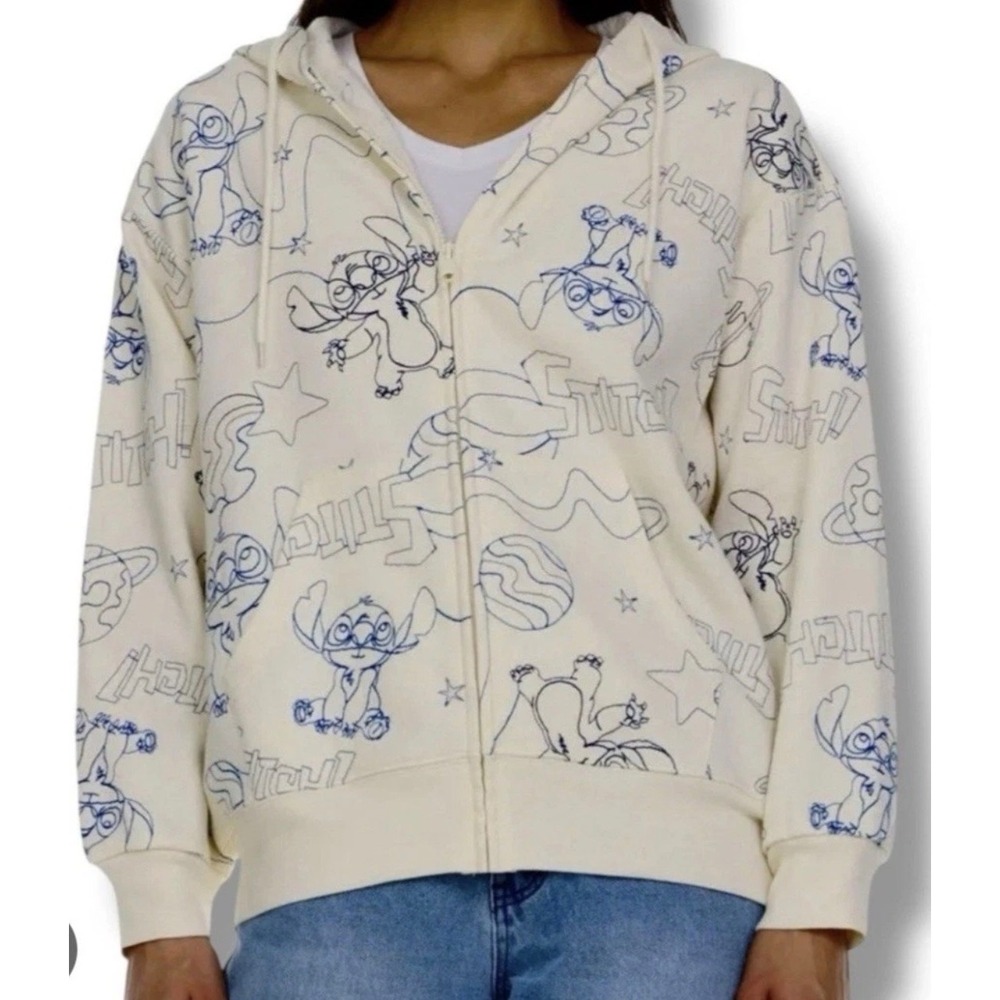 Disney Stitch Hoodie Womens XS Cream All Over Print Zip Up‎ Lilo & Stitch Space